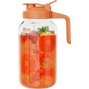 Glass Mason Jar Pitcher, 64 oz Wide Mouth Jug with Pour Spout Handle Lid for Cold Brew Coffee, Ice Beverage, Iced Juice, Lemonade, Sun Tea, Fruit Drinks ContainerOrange