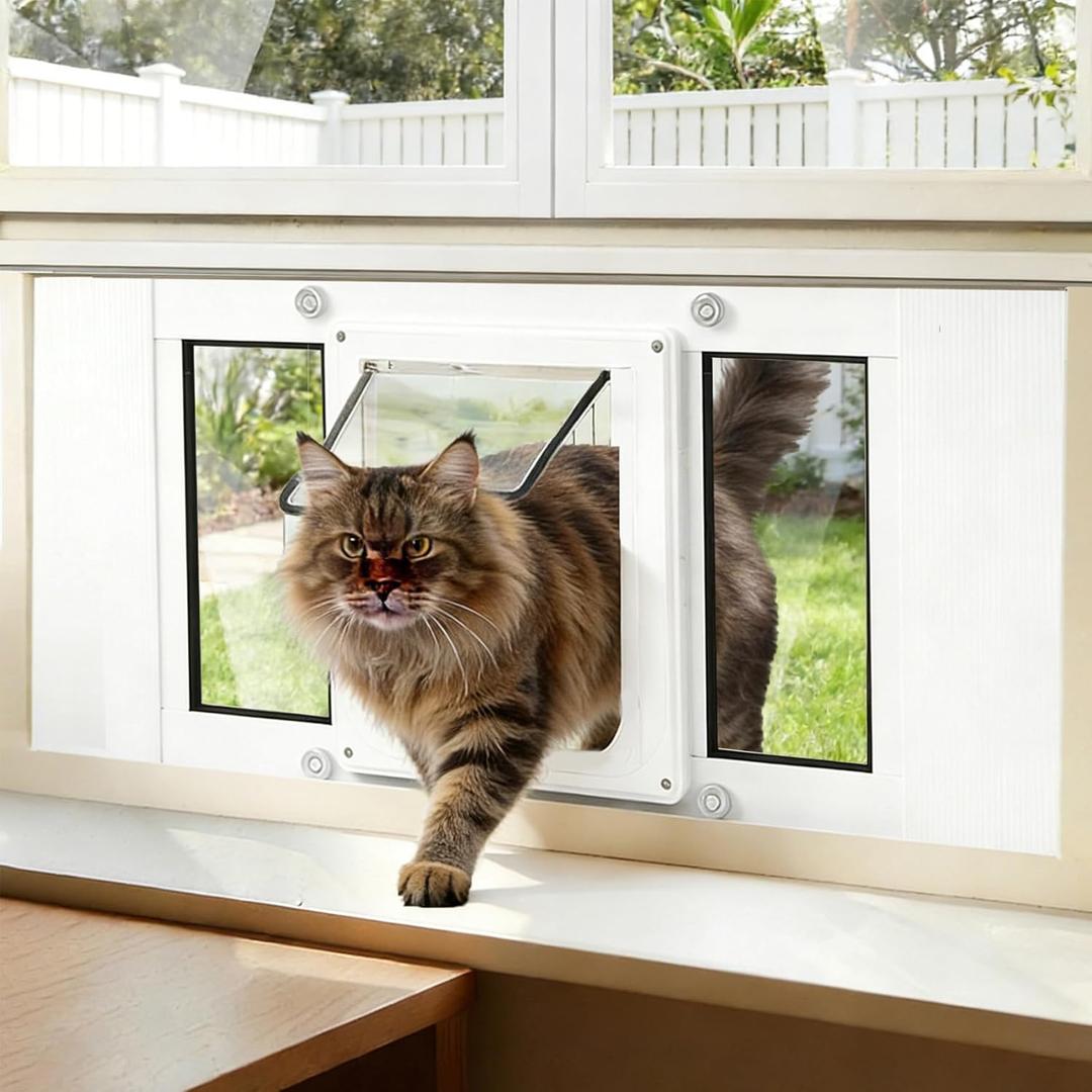 Cat Door for Window, Adjustable Aluminum Pet Door Window Insert with 4 Locking Modes & Magnetic Close Magnetic Auto Closure for Cats, Fit Width 23"-28", Weatherproof, Tool-Free Install