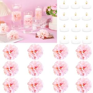 24 Pcs Floating Candles for Centerpieces and Floating Flowers for Centerpieces Pink Artificial Flowers Vase Fillers for Wedding Table Party Home Decoration