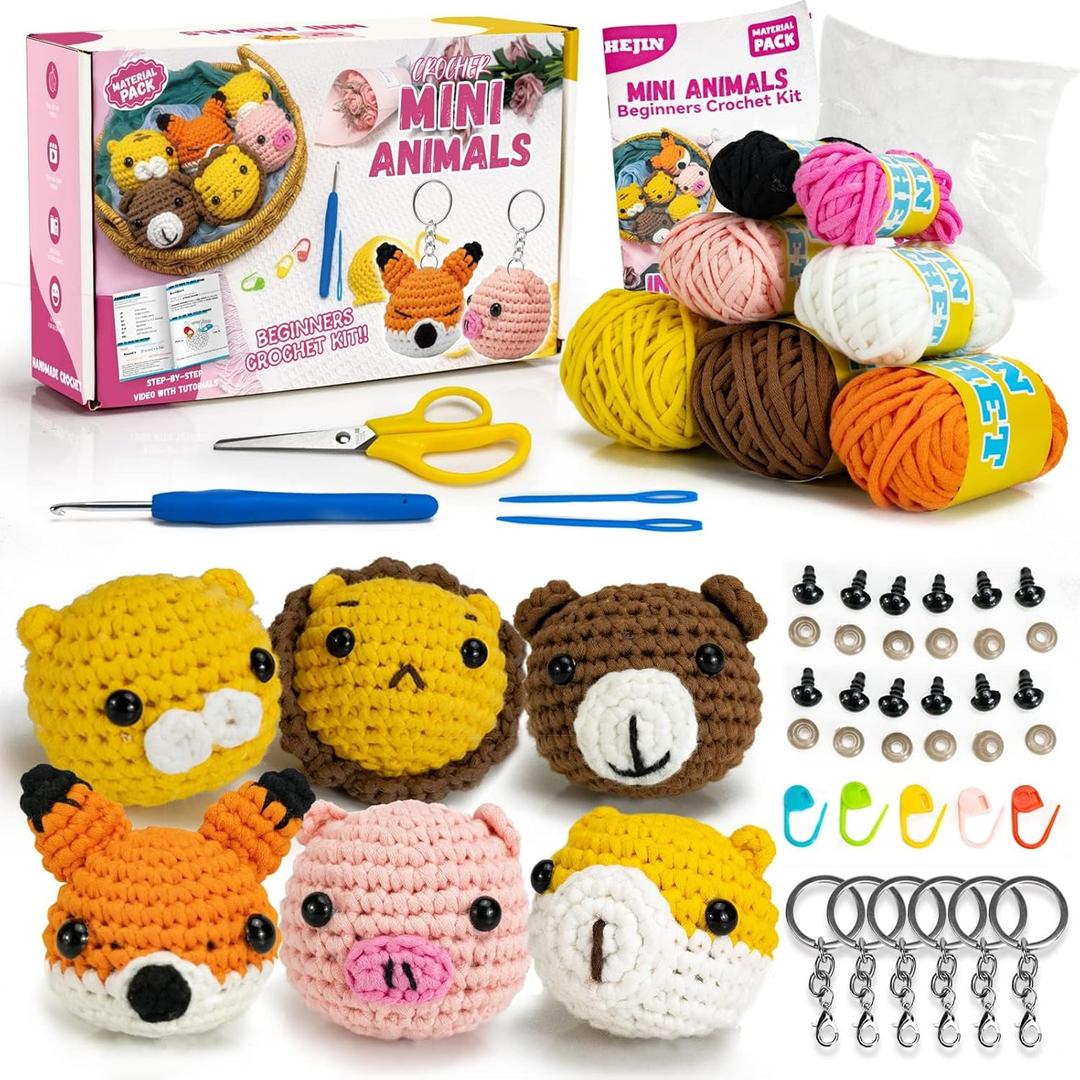 Crochet Kit for Beginners, 6PCS Crochet Animal Kit for Adults Kids, Crochet Kits Include Videos Tutorials, Beginner Yarn, Eyes, Crochet Hook 
