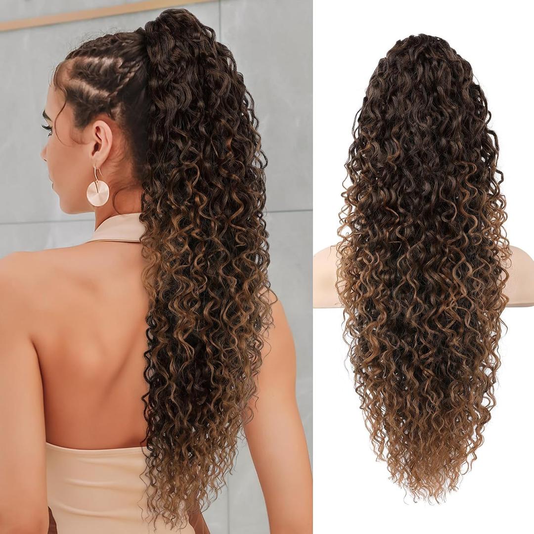 LONAI Ponytail Extension,26 Inch Curly Claw Clip Ponytail Hair Extension,100 Pure Protein Silk Claw Clip in Pony Tail Hair Natural Soft Hairpiece for Women(Dark Almond Brown with Copper)