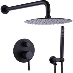 RBROHANT Matte Black Rain Shower System, Wall Mounted 10 Inches Round High Pressure Rainfall Shower Head with Handheld Shower Faucet Set, Solid Brass Rough-in Valve Included, RCS81005MB