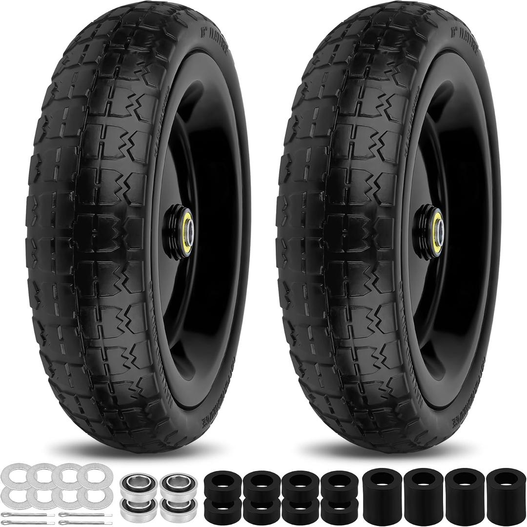 13 Inch Flat Free Wheels Tires 4.00-6 Solid Replacement with Universal 5/8" Axle Bore Hole, 8 Spacers and 4 Pins, for Wheelbarrow, Garden Wagon, Hand Truck, Trolley, Lawn Mower, 2 Pack