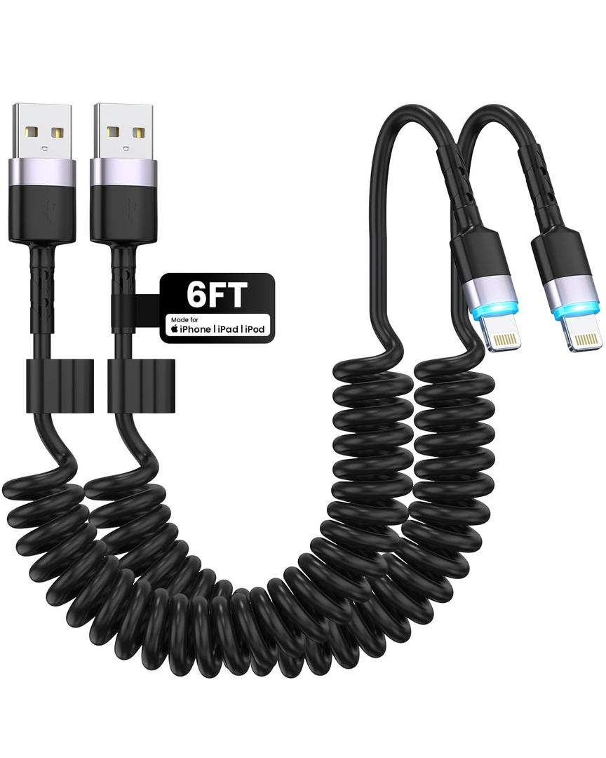 Coiled Lightning Cable, 2-Pack USB to Lightning Carplay Cable [MFi Certified] with Data Sync and LED for Car, Retractable Fast Charger Cord for iPhone 14/13/12/11 Pro Max Plus, iPads, iPods, 4FT/Black
