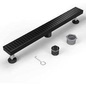 Shower Drain Stainless Steel for Bathroom: 24 Inch Black Linear Shower Drain with Removable Capsule Pattern Grate - Adjustable Rectangular Shower Floor Drain with Hair Strainer (Matte Black)
