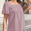 Falechay Summer Tops Short Sleeve Pink Tunic Tops for Women Lace Boho Womens Shirts Square Neck Womens Blouses Loose Peasant Clothing XL