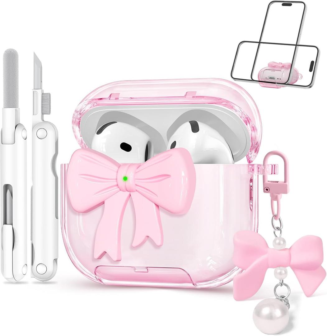 for Airpods 4 Case Pink 2024 with Safety Lock & Phone Stand, 3D Bow Clear iPod 4 Cases with Cute Keychain & Cleaning Kit, Soft TPU Cover for AirPods 4th Generation Case Girls Women