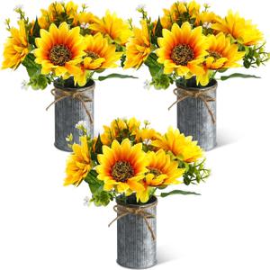 SiliFine 3 Sets Sunflowers Centerpieces for Tables Artificial Sunflower with Vase Rustic Yellow Fake Flower for Wedding Decor Spring Summer Picnic Centerpieces Home Kitchen Shelf Decor (Vintage Color)