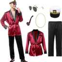 Red Silk Robe Jacket Halloween Couples Costumes With Black Pants Sunglasses Captain Hat Necklace for Men (Medium)