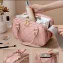 Bagstellar Travel Makeup Bag, Large Capacity Quilted Toiletry Bag for Women Stand-up Cosmetic Bag Open Flat Make Up Case Organizer Portable Pouch Purse w/Handle for Traveling Accessories, Pink