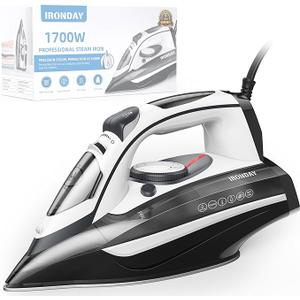 IRONDAY 1700W Steam Iron for Clothes 20s Fast Heatup, NonStick Ceramic Soleplate, 14.07oz Large Water Tank, AutoOff, Burst Steam, SelfCleaning, roning Clothes for Home