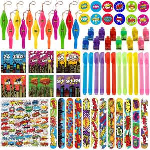 122 Pcs Hero Party Favors with Slap Bracelets,Punch Balloons,Stickers,Button Pin Badges,Notepads,Pen,Finger Lights for Themed Goody Bag Stuffer Class Prize