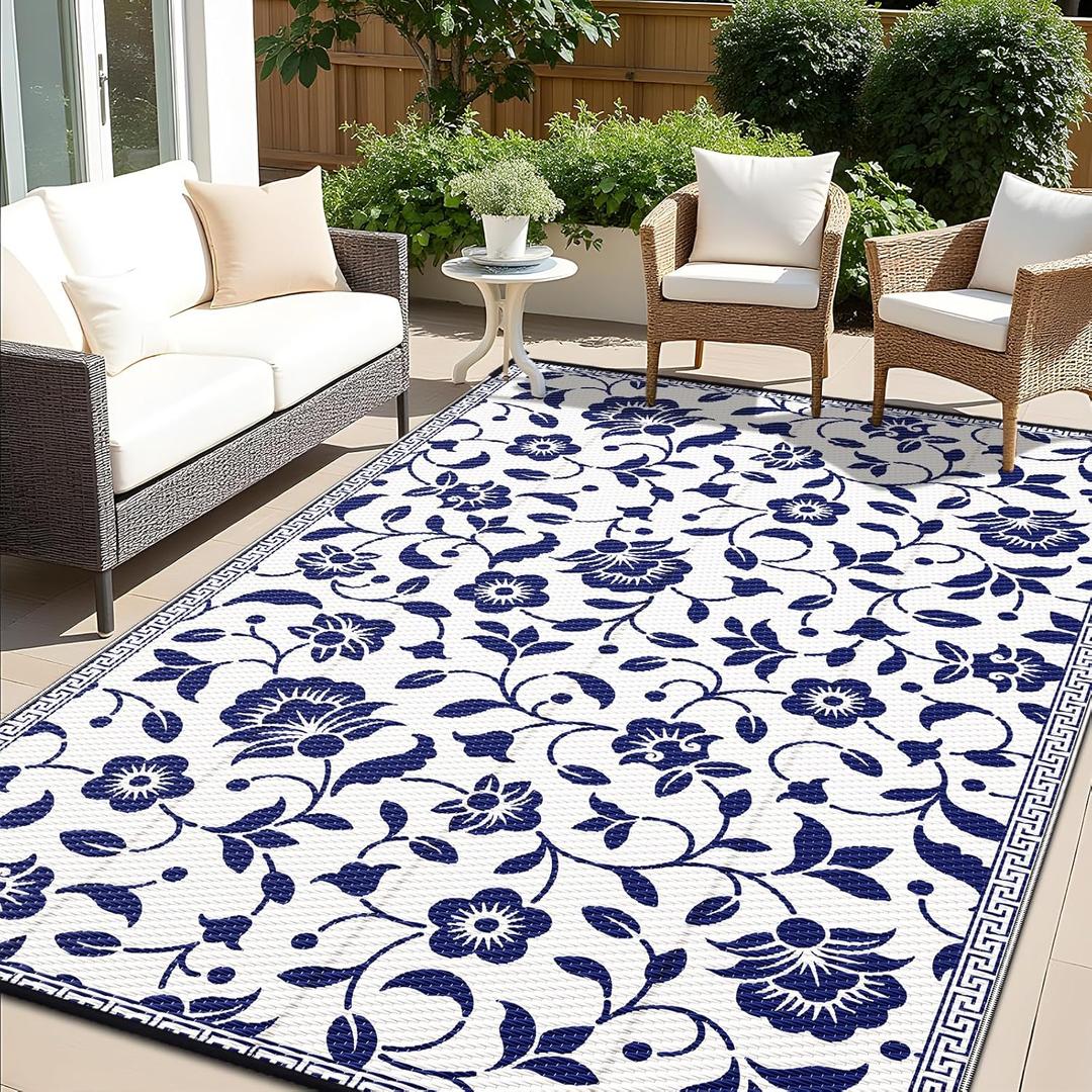OLANLY Waterproof Outdoor Rug 9x12 ft, Outdoor Plastic Straw Rug with Flower Pattern, Reversible RV Mat for Patio, Camping, Balcony, Deck, Backyard, Navy & White