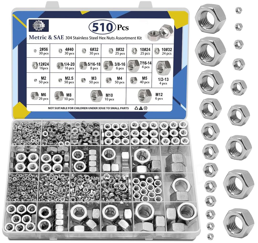 ZQZ 510 Pcs 2 in 1 SAE and Metric Stainless Steel Hex Nut Assortment Kit, 2#56 4#40 6#32 8#32 10#24 10#32 12#24 1/4-20 5/16-18 3/8-16 7/16-14 1/2-13 M2 M2.5 M3 M4 M5 M6 M8 M10 M12 Hardware Nuts Set