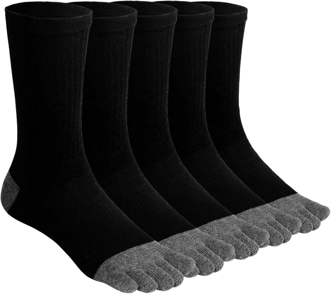 ZAKASA Mens Toe Socks Athletic Running Cushion Five Finger Cotton Crew Socks (9-11, 6681 Black-5 Pairs)