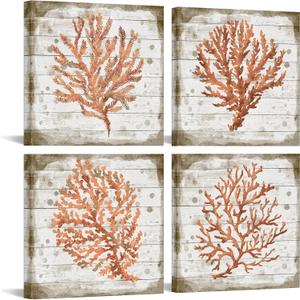 Orange Coral Canvas Set of 4 Ready to Hang Ocean Beach Wall Art for Bedroom Bathroom Framed Watercolor Prints Marine Plants Pictures Home Decoration Each Panel 16x16inch (Medium)