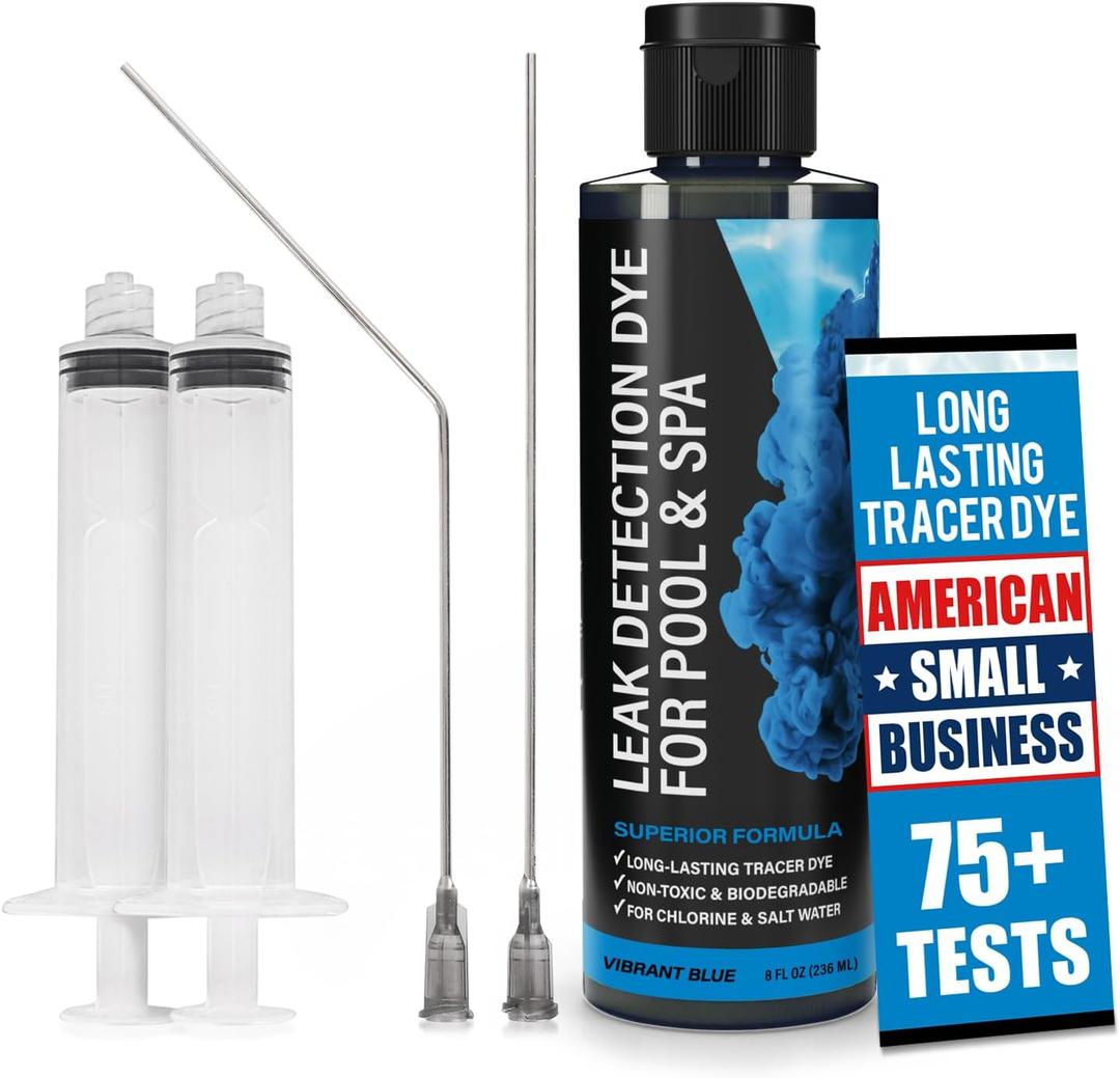 Pool Leak Detection Dye Kit - 75+ Tests - 2 Stainless Steel Precision Applicators - Superior Long Lasting Pool Dye Easily Locates Leaks - for All Pool, Spa, & Hot Tub Types - 8 OZ (Vibrant Blue)