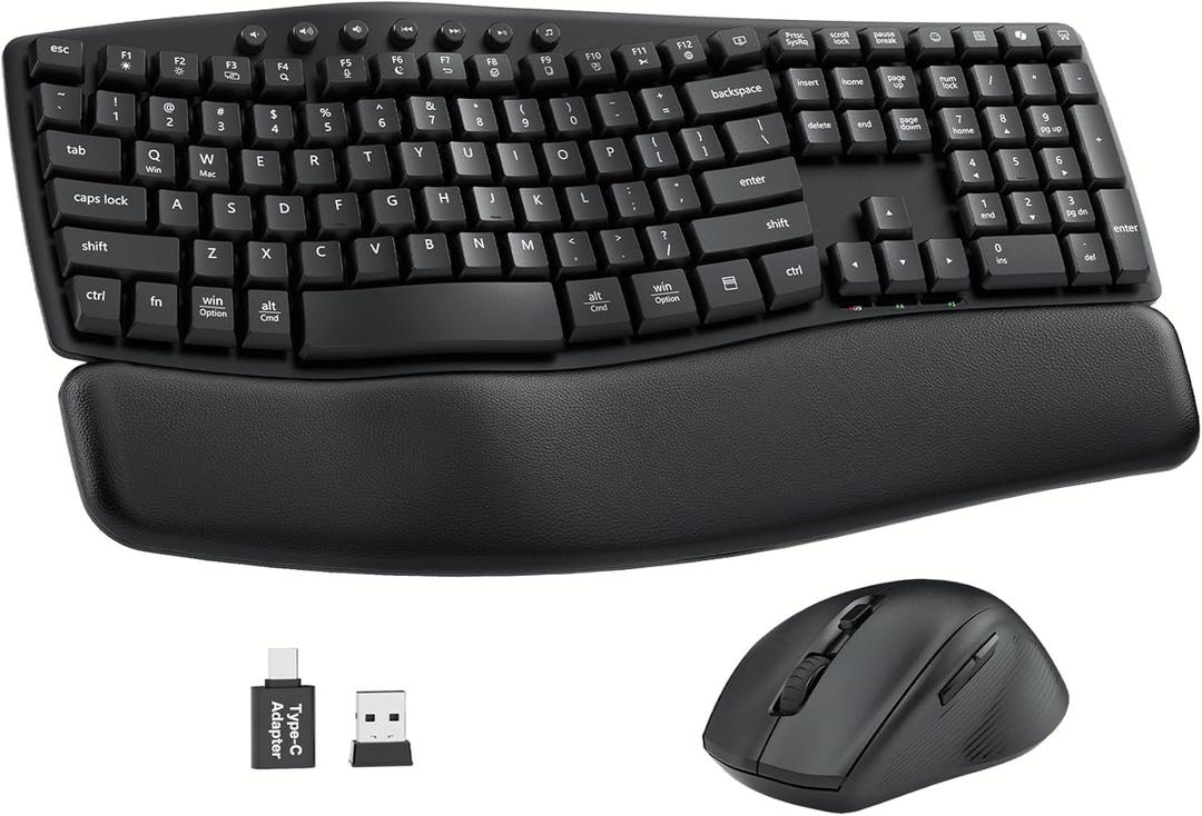 Ergonomic Wireless Keyboard and Mouse Combo, 30dB Quiet Full Size Keyboard Set with Wave Keys & Soft Palm Rest, Dual-System Switch for Windows/Mac, Ideal for Business Teams Home Office, Sablute (Black)