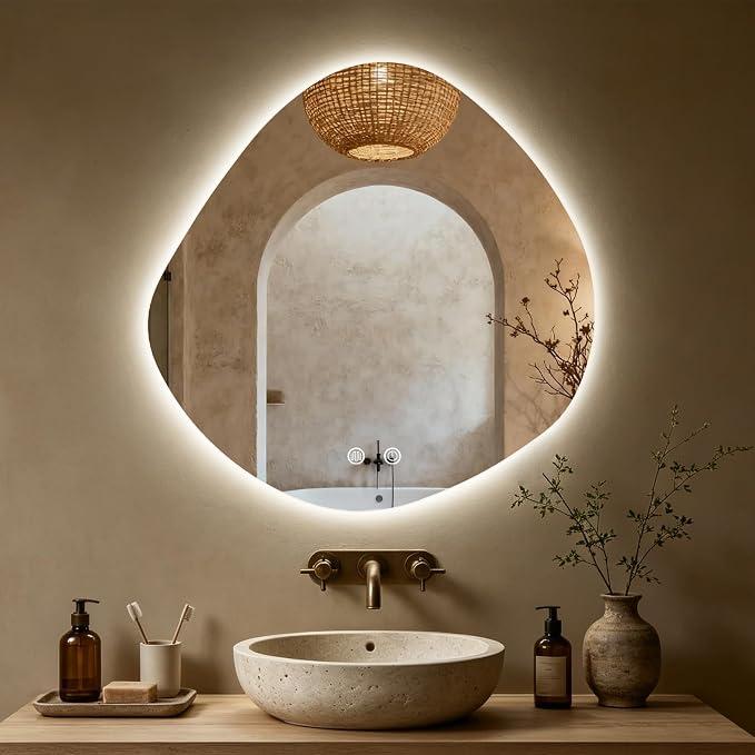 30 x 30 Inch LED Asymmetrical Bathroom Mirror with Lights, Irregular Backlit LED Vanity Mirror for Wall, 3 Color Lights, Anti Fog Mirror for Bathroom, Dimmable Light, Horizontal/Vertical