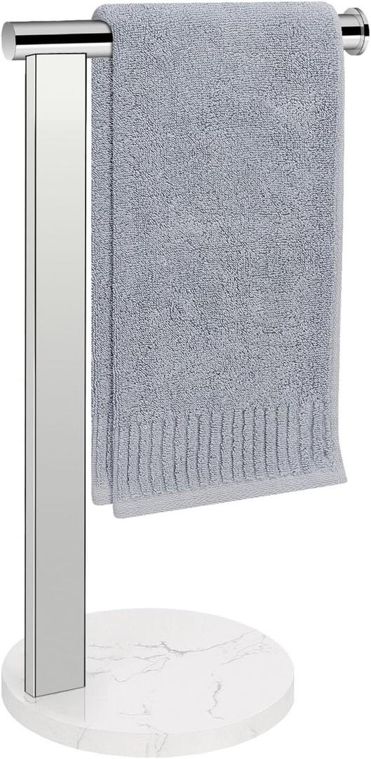 Hand Towel Holder Stand for Bathroom, L- Shaped Standing Hand Towel Rack, Towel Bar Kitchen Vanity Countertop Organizer, SUS304 Stainless Steel Material (Marble Base, Chrome)