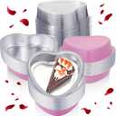 Fainne 20 Sets Mother's Day 5" Aluminum Foil Heart Shaped Cake Pans with Clear Lids 225 ml/ 7.92 oz Heart Cake Pan Mini Mother's Day Containers Disposable Dessert Baking Containers (Pink)