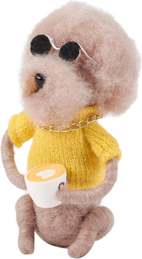Primitives by Kathy Cool Coffee Dog Felt Collectible Critter, 4.75-Inch, Bichon Dog in Stylish Outfit with Coffee Mug & Gold Chain, Modern Pet-Themed Tiered Tray & Cafe Decor