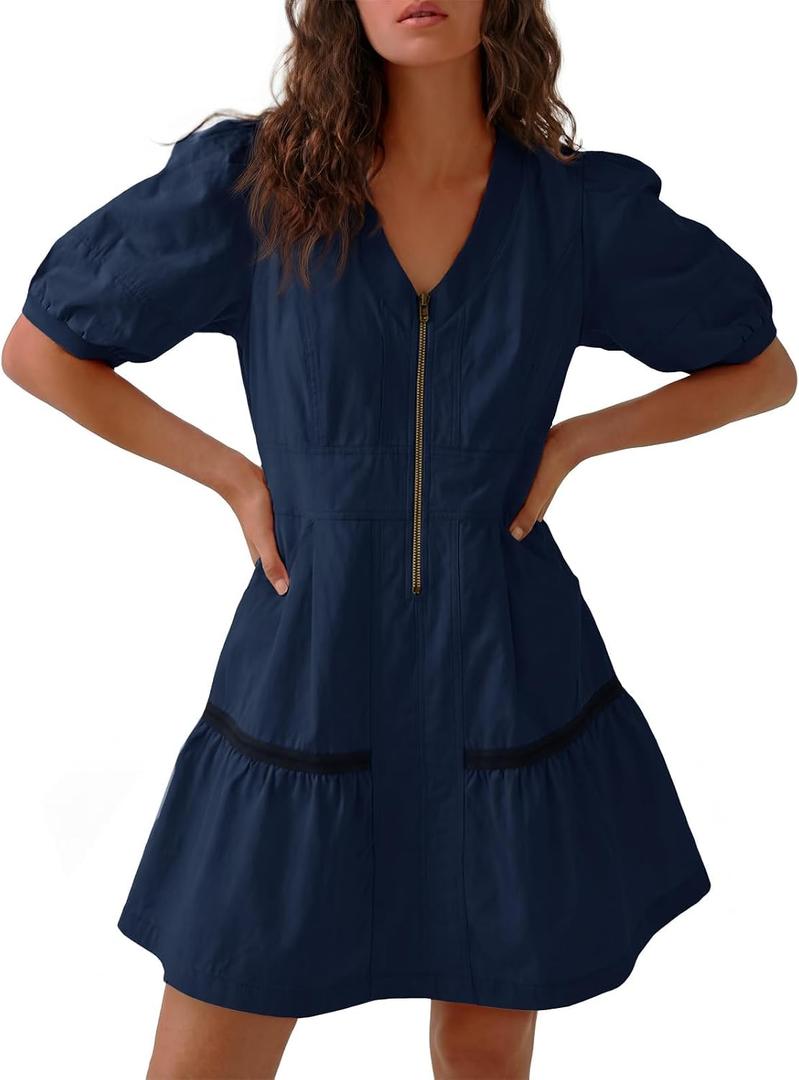 Fisoew Women's Short Sleeve Mini Dress Casual Half Zip V Neck Loose Mesh Back Utility Summer Dresses with Pockets L