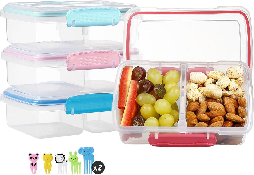 4 Pack Plastic Snack Containers with Lids, 2 Compartment Food Container for Kids Snack Box, Travel Bento Lunch Containers with forks for Fruits/Candies, Divided Food Storage Containers for School (Pink)