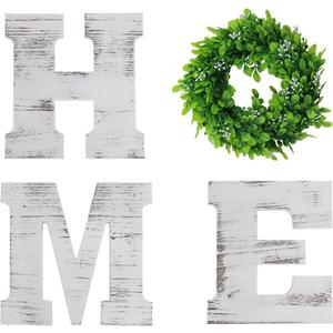 Wooden Home Sign with Wreath, 9.8" Rustic Wood Home Letters H, M, E, Wall Hanging Decor with Artificial Wreath O, Great for Wall Art Living Room Front Door Dining Room, (White)