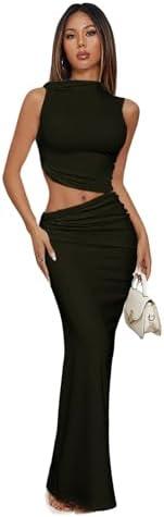 Verdusa Two Piece Sets For Women Going Out Tops and Bodycon Maxi Skirt Set Vacation Outfits ( X-Small, Black)