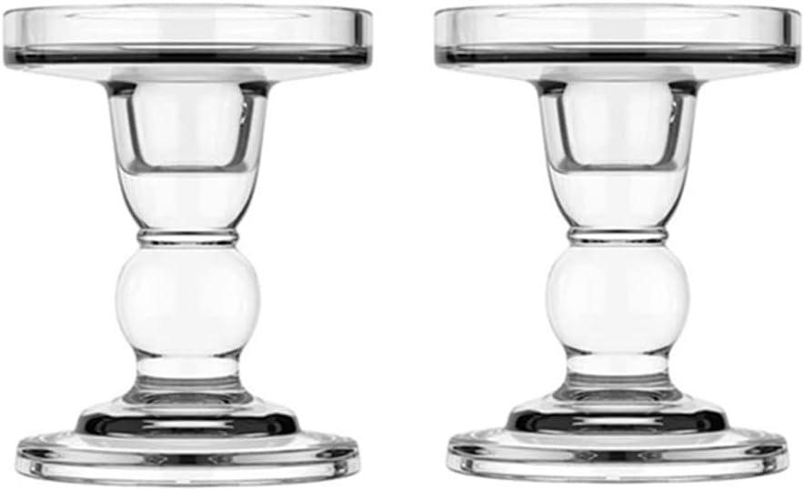 2Pcs Glass Candle Holders,Crystal Glass Candle Holder,Clear Pillar Taper Candlestick for Wedding, Party, Holiday Decoration (Medium)
