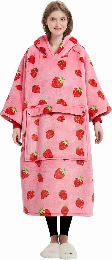 KFUBUO Wearable Blanket Hoodie for Adult Long Sherpa Strawberry Patterns Oversized Sweatshirt Blanket with Pockets Birthday Gifts for Women
