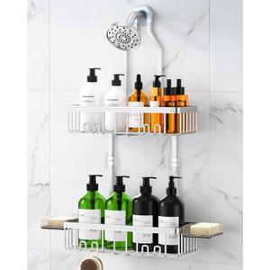 Shower Caddy Hanging, Never Rust Shower Organizer Hanging, Aluminum Shower Racks for Inside Shower with Hooks for Razor, Bathroom Organizers and Storage with Soap Holder, Bright Silver