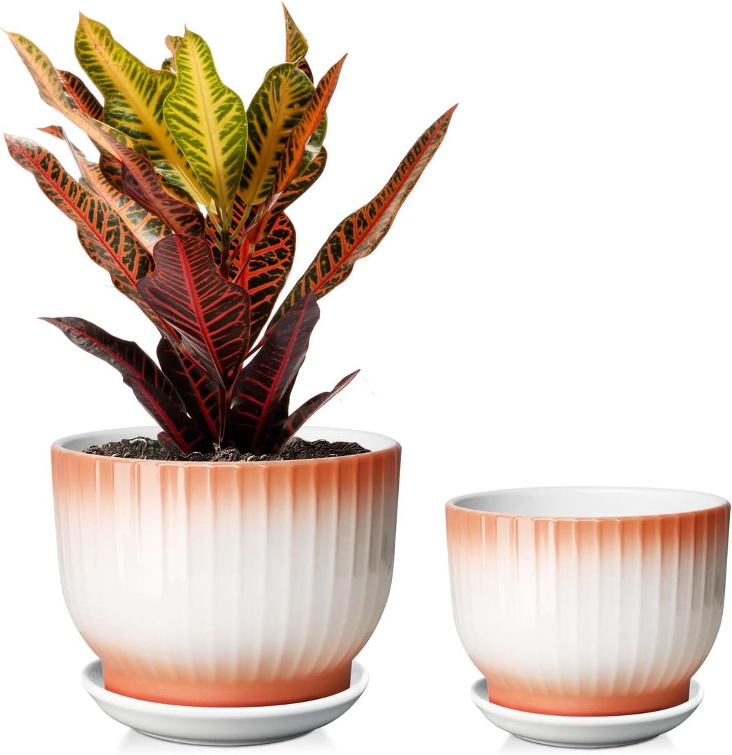 6.7 + 5.5 Inch Ceramic Plant Pots,Planters with Drainage and Saucer,Indoor Pots for Plants,Modern Flower Pots for Home and OfficeOrange + White