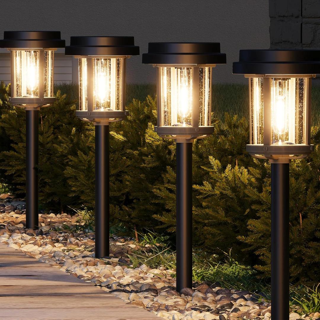XMCOSY+ Solar Pathway Lights Outdoor, 20 LM LED Solar Garden Lights Seeded Glass, Waterproof IP65 Metal Outdoor Solar Lights for Yard Path Lawn Walkway Driveway Backyard (Black & Grey)