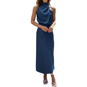 BTFBM Cocktail Dresses for Women Summer Satin Silk Sleeveless Mock Neck Maxi Wedding Guest Dress Spring Outfits 2026 (Small, Dark Blue)