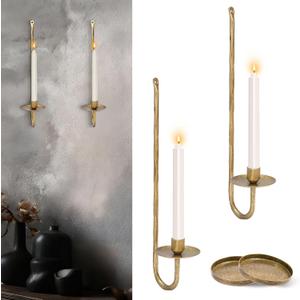 Wall Candle Sconces Set of 2 Metal Wall Candle Holders Hand-Forged Vintage Gold Solid Steel, Rustic Home Decor for Living Room, Bedroom, Dining Room, Candle Accent