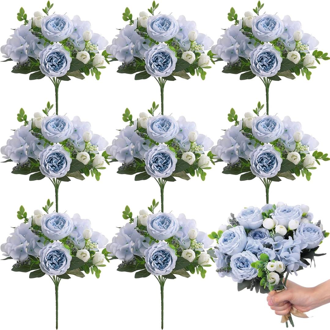 Yunsailing 8 Packs Artificial Peony Flowers Faux Silk Hydrangea Bouquet Vintage Wedding Home Table for Door Decor Reusable Bouquet of Rose Flowers for Valentine Wedding Birthday Party(Blue White)