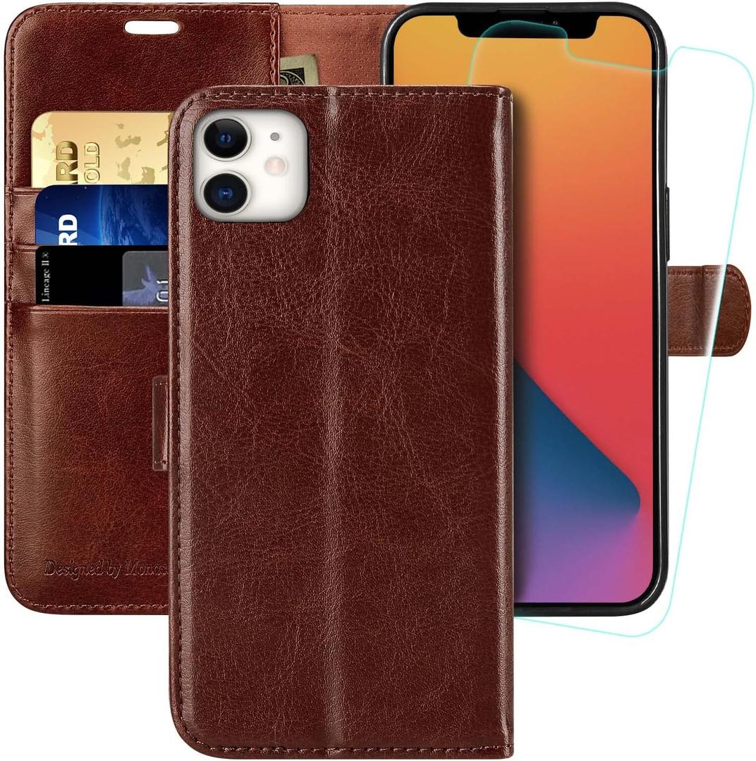 MONASAY Wallet Case Compatible for iPhone 12 mini 5G 5.4-inch,[Glass Screen Protector Included] [RFID Blocking] Flip Folio Leather Cell Phone Cover with Credit Card Holder, Brown