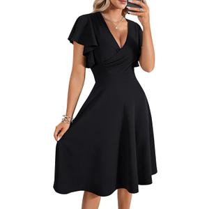 LYANER Women's Warp V Neck Ruffle Short Sleeve A Line Swing Flared Cocktail Party Midi Dress, L