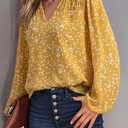 Dokotoo Women's Casual V Neck Alicia Floral Print Smocked Long Sleeve Chiffon Tops Bohemian Top Clothes (Yellow, XL)
