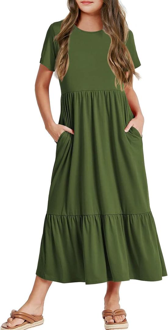 Batermoon Girls Short Sleeve Dress Casual A-Line Flowy Tiered Beach Maxi Dress with Pockcets (Green)