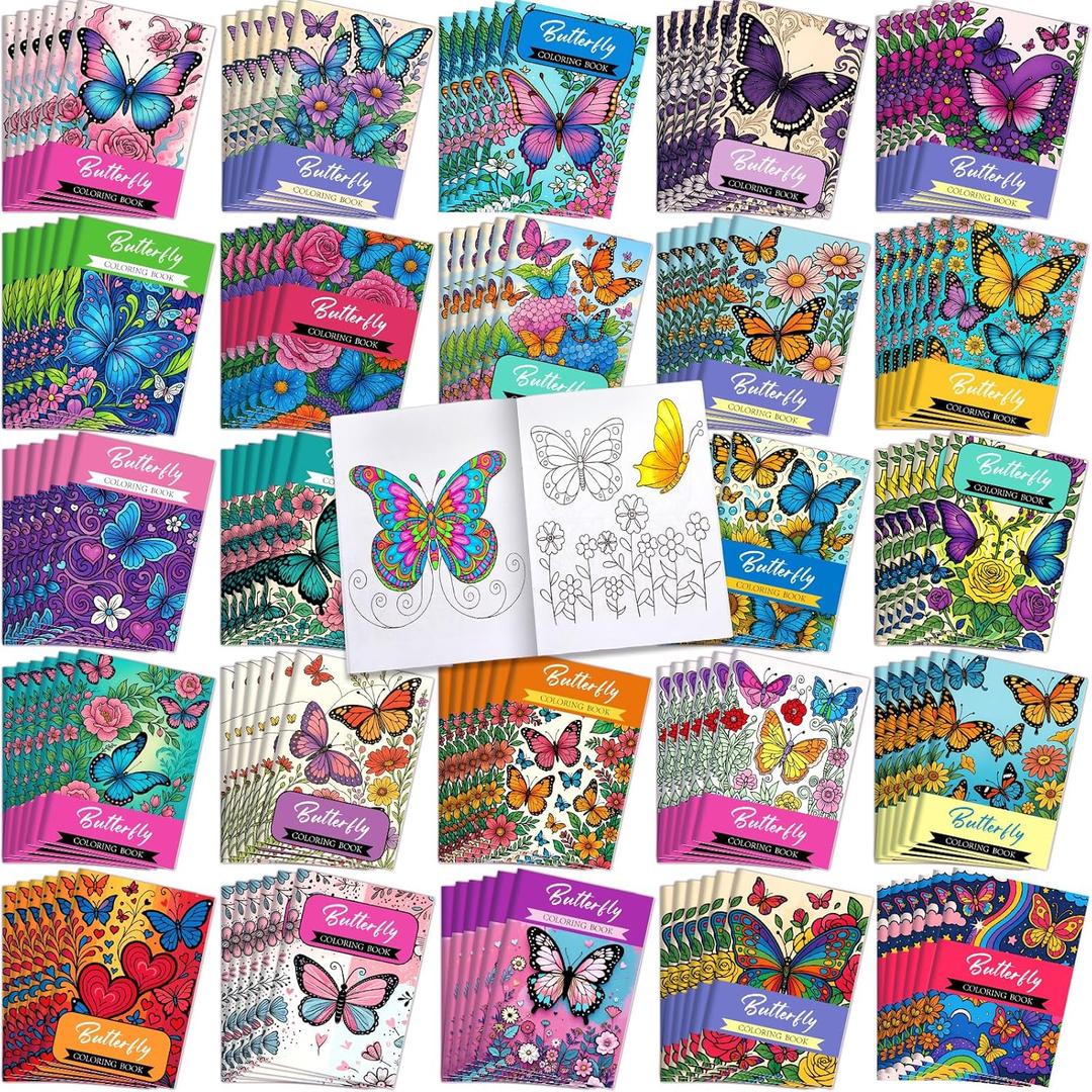 Liliful 144 Pcs Butterfly-Themed Coloring Book Bulk for Adults Mini Butterfly Theme Drawing Book with Garden Flower Insect Patterns Party Favors Goodie Bag Filler and Holiday Gifts