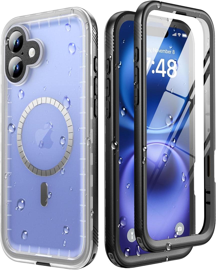 SOKUSIN Magnetic for iPhone 16 Case Waterproof - Compatible with Magsafe, Shockproof Drop Dust Proof Case with Built in Screen & Lens Protector, Full Body Rugged Cover, 6.1", Black/Frosted Clear