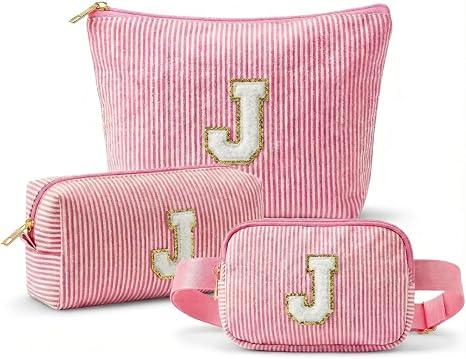 Personalized Initial Makeup Bag Set, 3pcs Monogram Makeup Bag with Large & Small Pouch and Waist Bag, Initial Makeup Bag Organizer for Travel, Luggage, Daily Use and Cute Gifts (J)