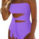 Viottiset Women's Bandeau One Piece Swimsuit Strapless Tie High Cut Out Bathing Suit S