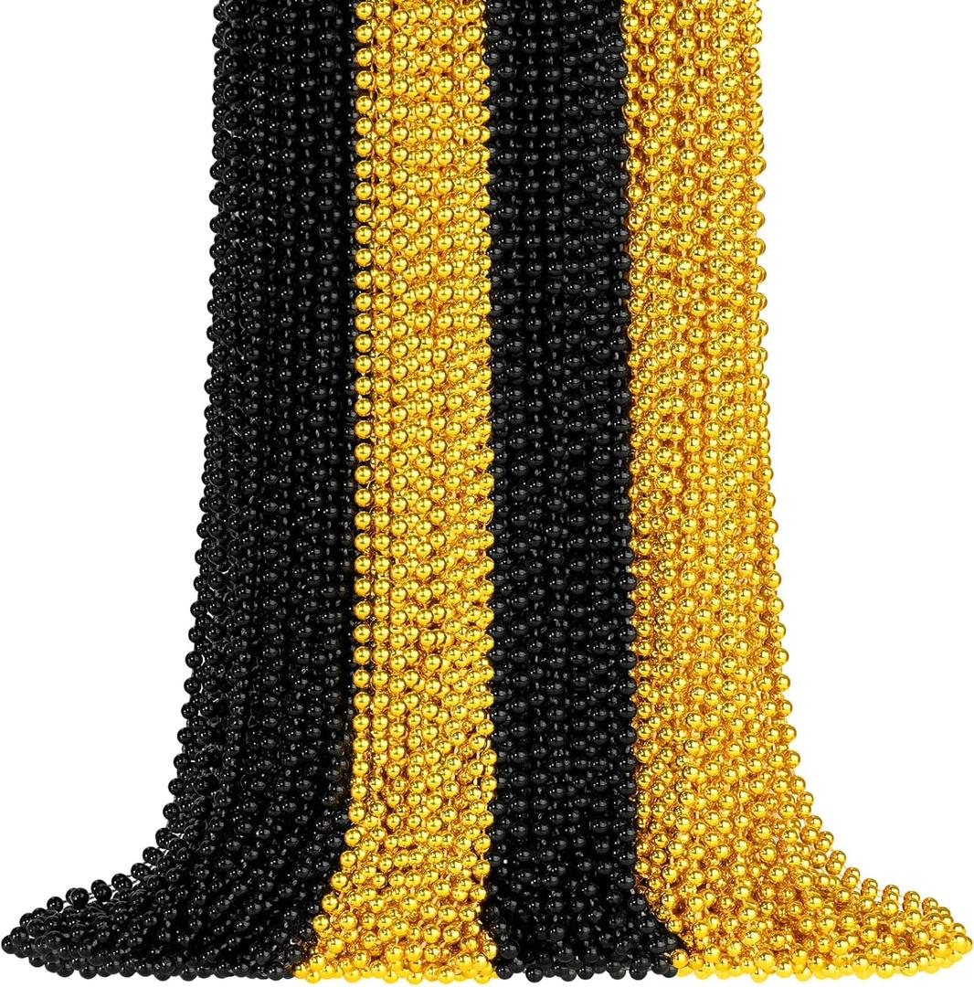 ZYFLSQ 100PCS Beaded Necklace, 33" 7mm New Year Eve Bead Necklaces Bulk, Metallic Mardi Gras Beads Necklaces, Happy New Year Parade Throws Costume Accessories, Party Favors Decorations (Black Gold)
