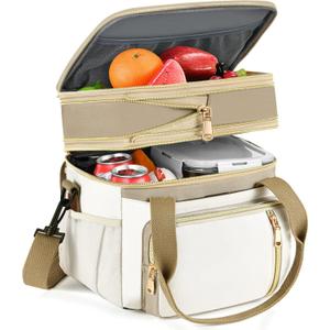 LOKASS Lunch Box for Women-Double Deck Insulated Adults Lunch Bag with Removable Shoulder Strap- Cute Wide Open Lunch Tote for Work/Office/Picnic/Beach/Travel (Brown)