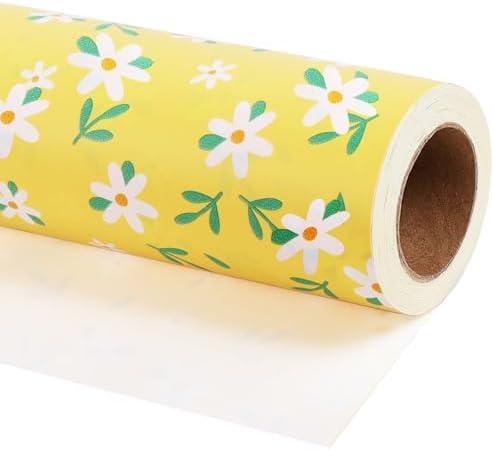 LaRibbons Easter Floral Wrapping Paper Jumbo Roll-30 Inch X 33 Feet, White Daisies on Yellow Design, Spring Gift Wrap Stone Paper for Wedding, Mother’s Day, Baby Shower & Birthday