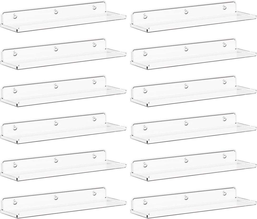 Lifewit Floating Shelves for Wall, 12 Pack Clear Acrylic Shelf 15" Room Decor for Bookcase/Vinyl Record Display/Photo/Picture in Bedroom, Living Room, Bathroom, Kitchen Storage and Organization